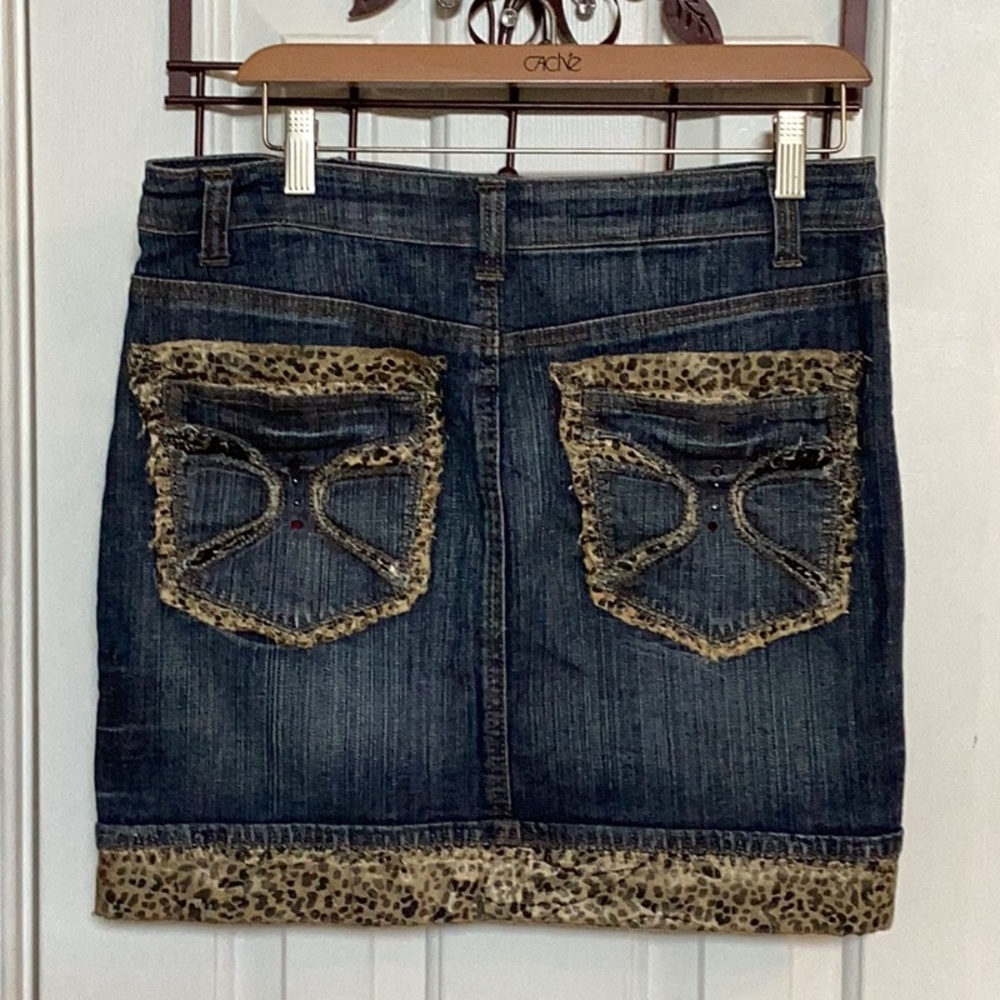Cache Vintage Denim Skirt w/ Leopard/Lace/Crystal Embellishments